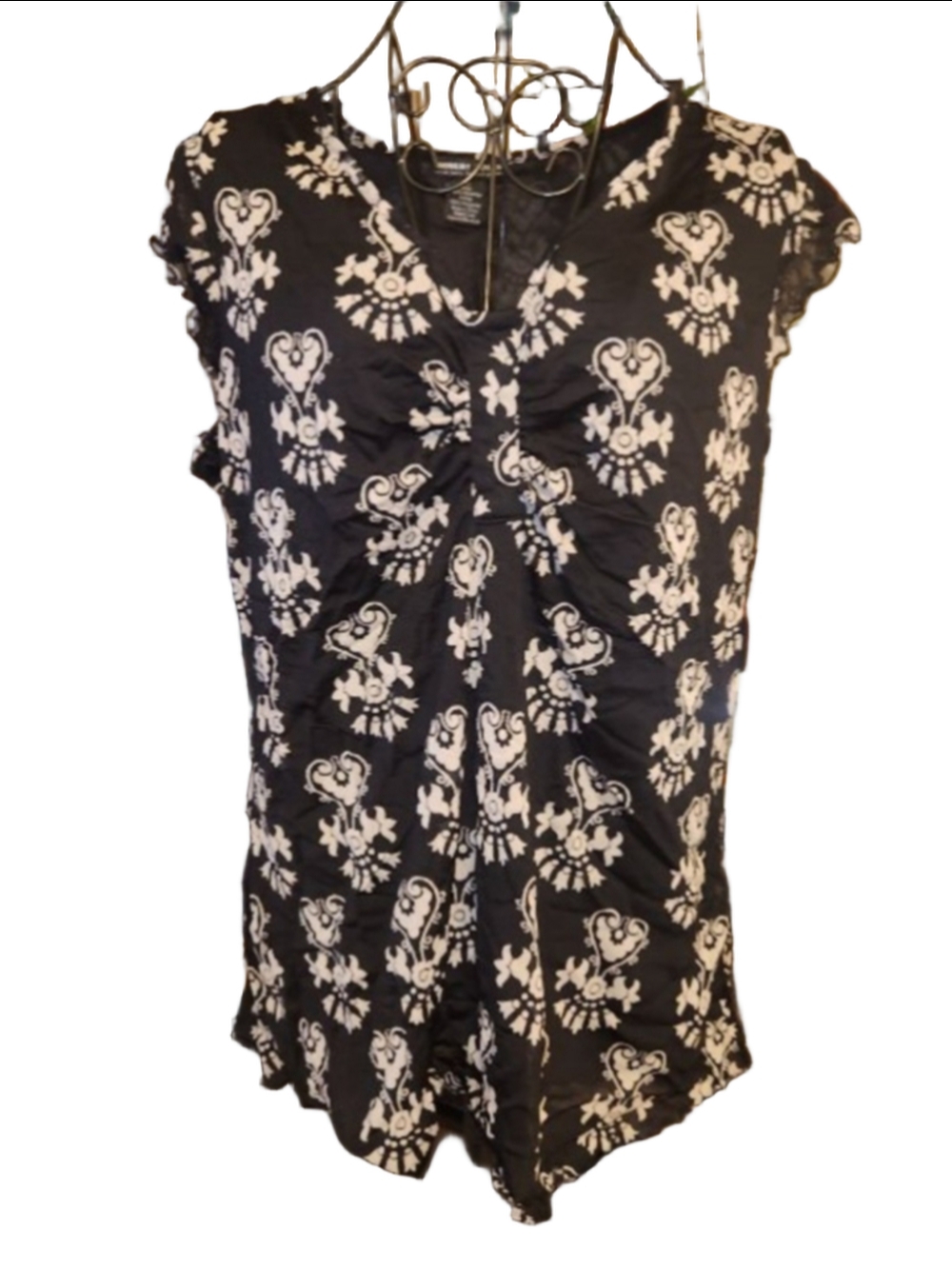 Robert Louis Tunic Top M Black White Floral